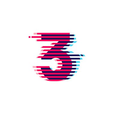 Canlı çizgi arızası olan üç numaralı logo. Gece hayatı etiketlerinizde kullanmak için mükemmel bir vektör yazı tipi, etkileyici oyun ekranı, elektronik kimlik.