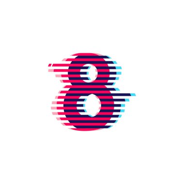 Canlı çizgi arızası olan sekiz numaralı logo. Gece hayatı etiketlerinizde kullanmak için mükemmel bir vektör yazı tipi, etkileyici oyun ekranı, elektronik kimlik.