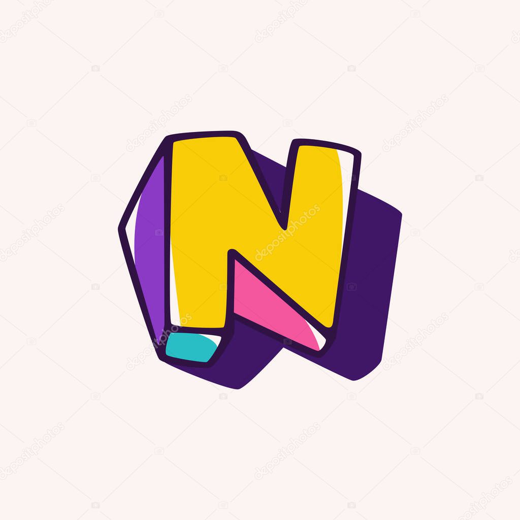 Letter N logo in cubic children style based on impossible isometric shapes. Perfect for kids labels, illusion branding, cute birthday posters etc.