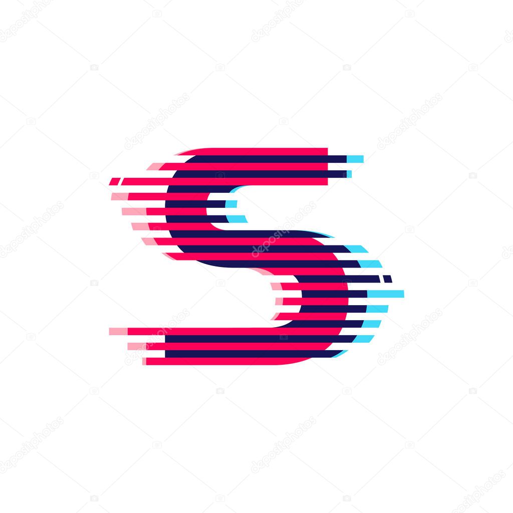 S letter logo with vibrant line glitch effect. Vector font perfect to use in your nightlife labels, expressive game screen, electronic identity.