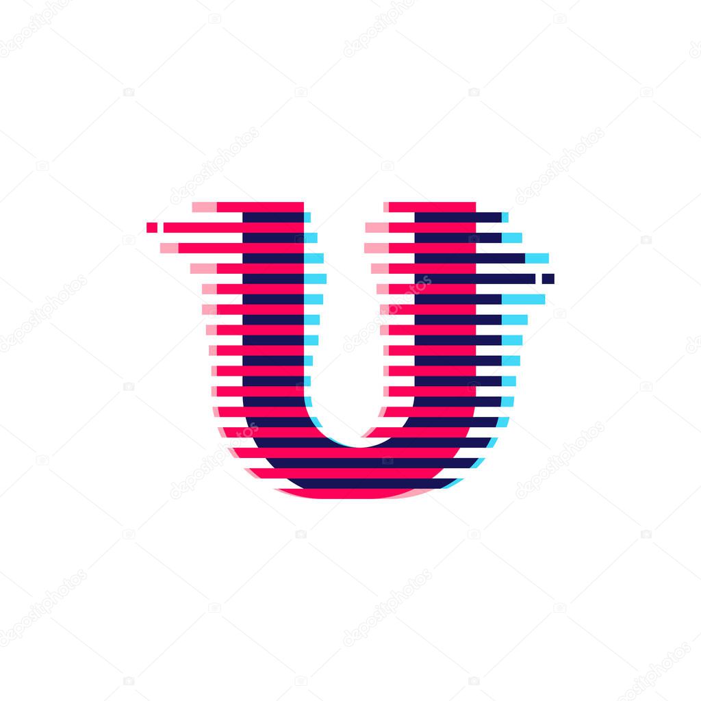 U letter logo with vibrant line glitch effect. Vector font perfect to use in your nightlife labels, expressive game screen, electronic identity.