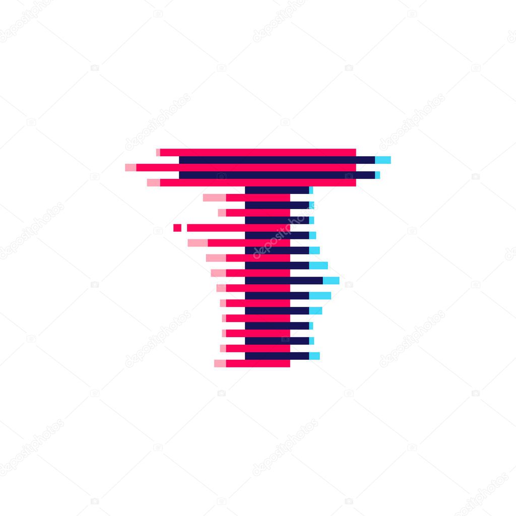 T letter logo with vibrant line glitch effect. Vector font perfect to use in your nightlife labels, expressive game screen, electronic identity.