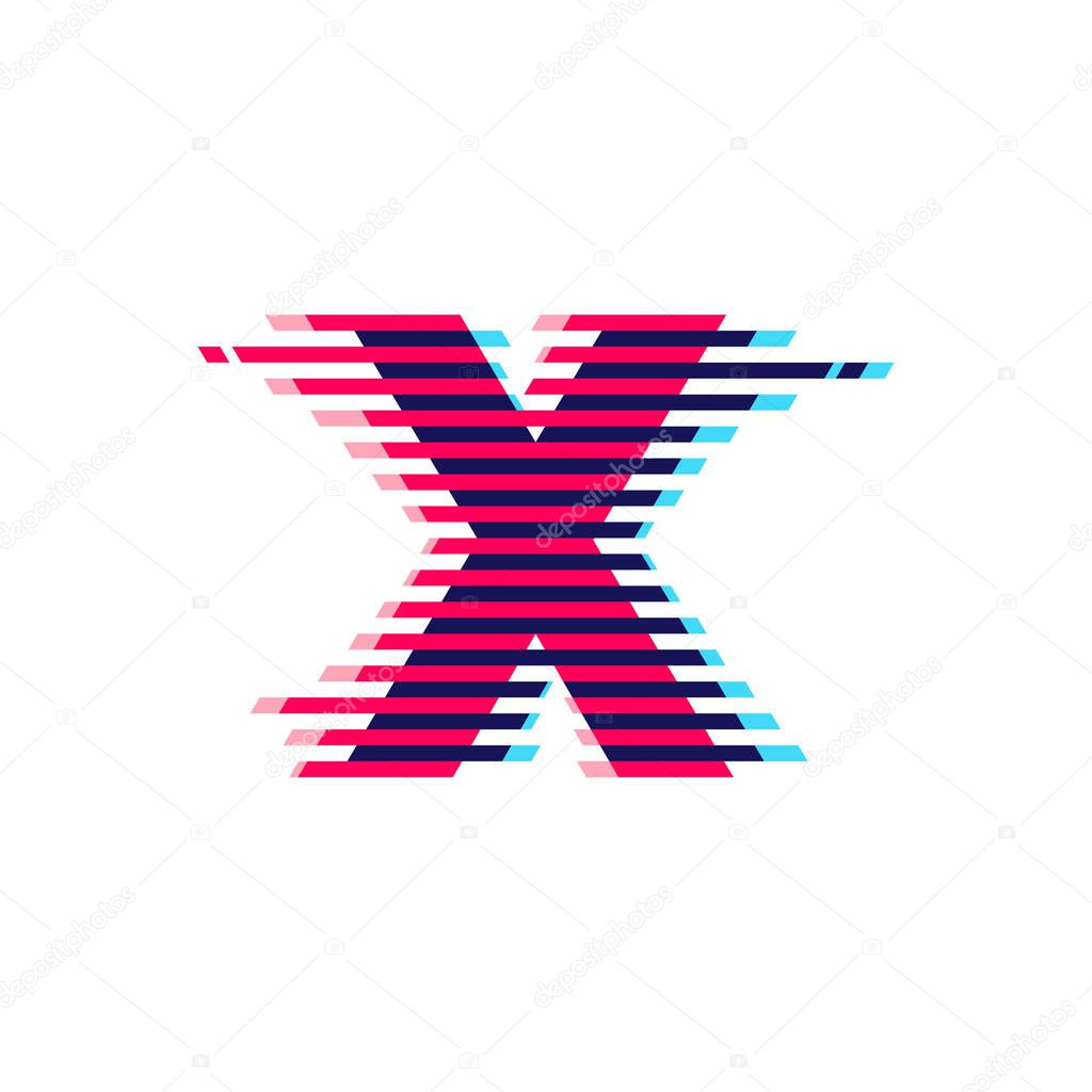 X letter logo with vibrant line glitch effect. Vector font perfect to use in your nightlife labels, expressive game screen, electronic identity.