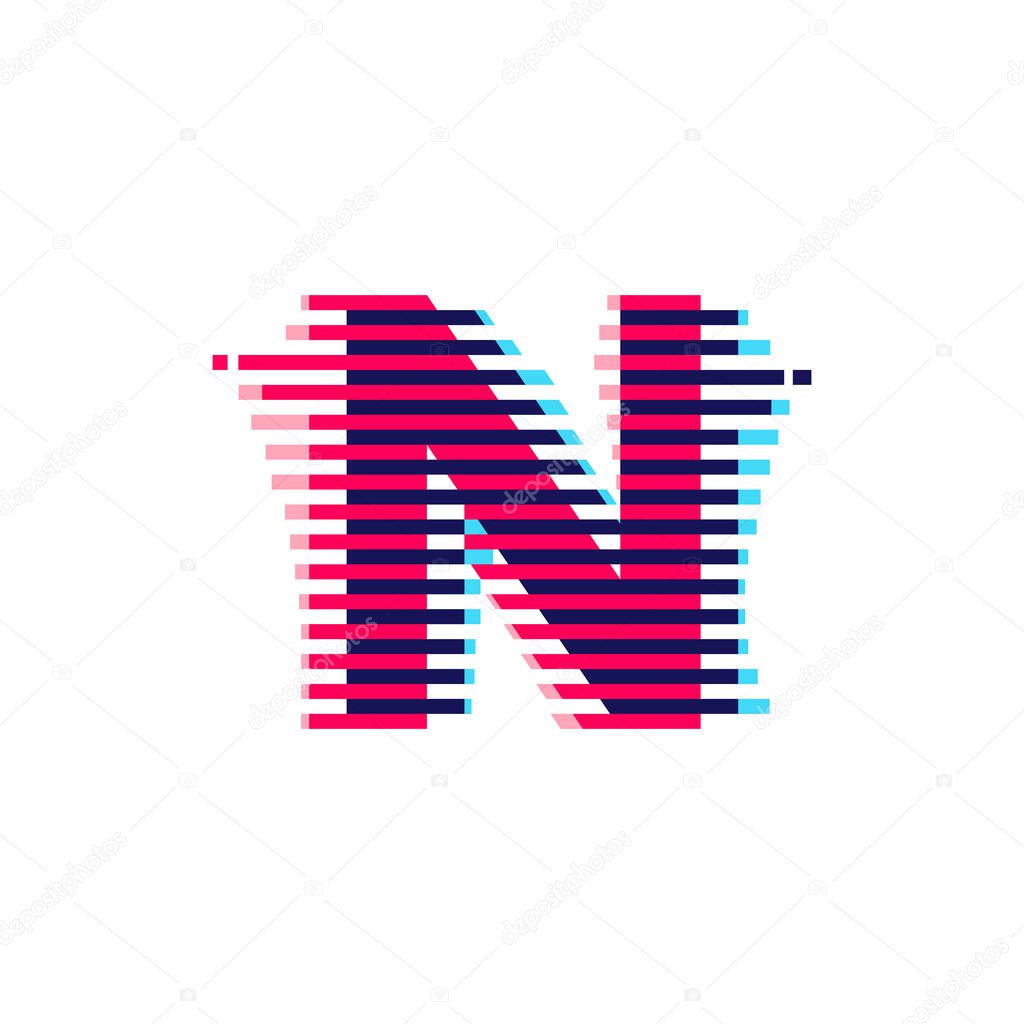N letter logo with vibrant line glitch effect. Vector font perfect to use in your nightlife labels, expressive game screen, electronic identity.