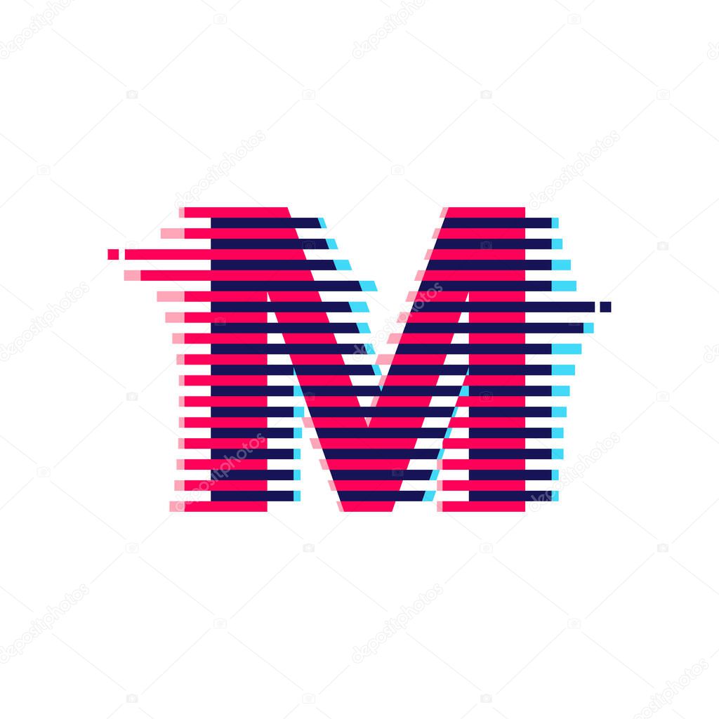 M letter logo with vibrant line glitch effect. Vector font perfect to use in your nightlife labels, expressive game screen, electronic identity.