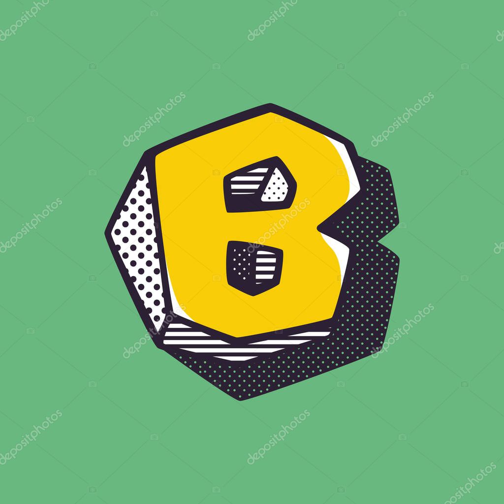 Retro 3d letter B logo with polka dot and striped pattern on the sides. Vector isometric font for kids labels, a magic toy company, impossible art posters, etc.