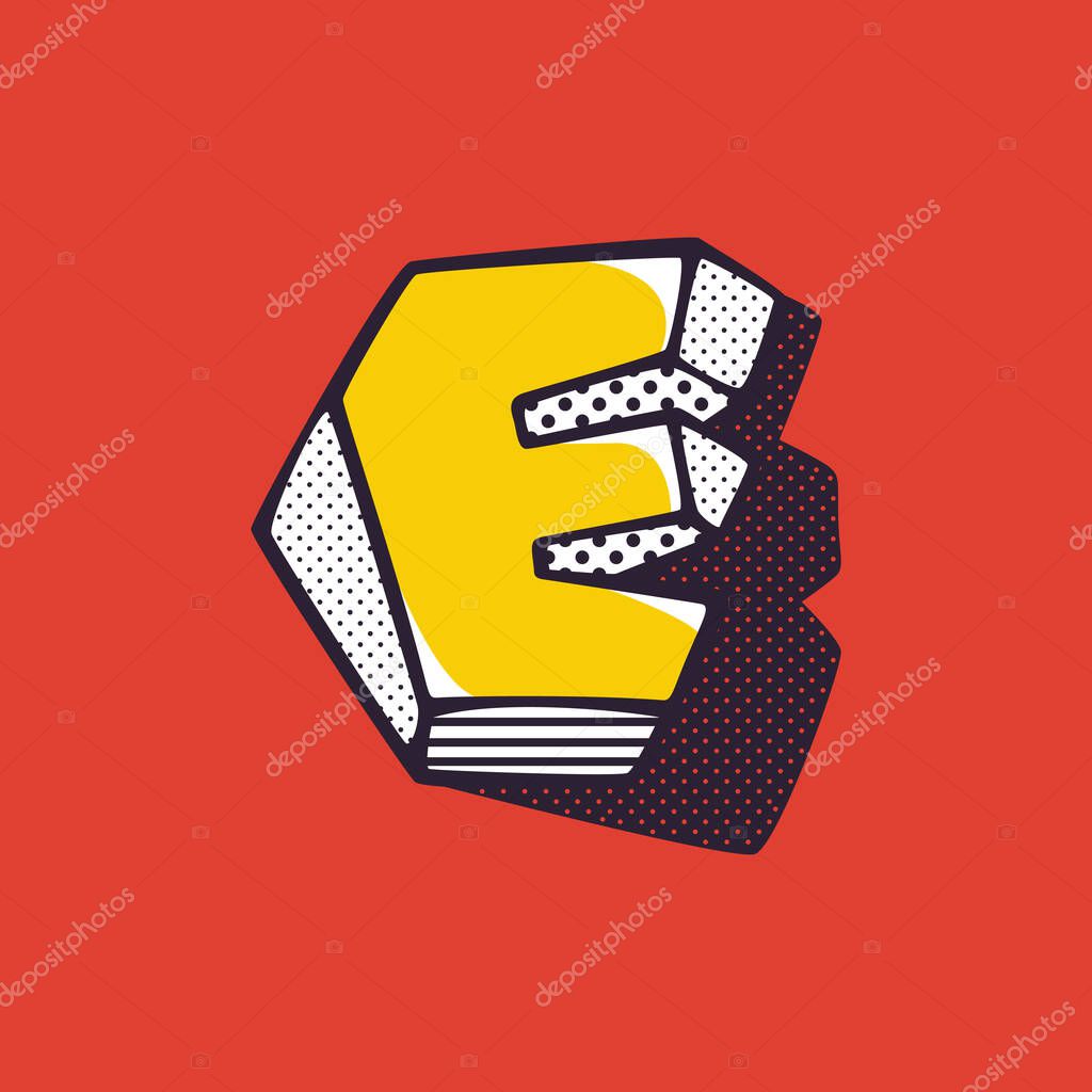 Retro 3d letter E logo with polka dot and striped pattern on the sides. Vector isometric font for kids labels, a magic toy company, impossible art posters, etc.