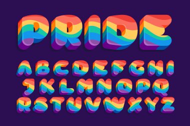Gururlu LGBTQ bayrak desenli alfabe. Gökkuşağı kimliğiniz, transseksüel bayrağınız, eşcinseller ve lezbiyenler posterleriniz, biseksüel tasarımınız için mükemmel bir tasarım..