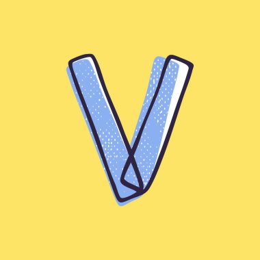 Çocuk stili V harfi logosu. Boya kaydırma efektli işaretli. Eğlence alanı dekorasyonu, çocuk kolajları, oyuncak şirketi, sevimli sanat posterleri vs. için vektör çizgi karakteri..