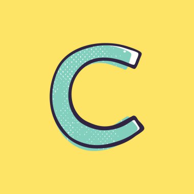 Çocuk stili C harfi logosu, el yazısıyla boyanın kayma etkisiyle çizilmiş. Eğlence alanı dekorasyonu, çocuk kolajları, oyuncak şirketi, sevimli sanat posterleri vs. için vektör çizgi karakteri..
