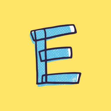 Çocuk stili E harfi logosu. Boya kaydırma efektli işaretli. Eğlence alanı dekorasyonu, çocuk kolajları, oyuncak şirketi, sevimli sanat posterleri vs. için vektör çizgi karakteri..