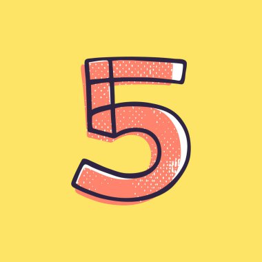 Çocuk stili beş numaralı logo, el yazısıyla boyanın kayma efektiyle çizilmiş. Eğlence alanı dekorasyonu, çocuk kolajları, oyuncak şirketi, sevimli sanat posterleri vs. için vektör çizgi karakteri..