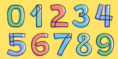 Çocuk stili numaralar, el yazısıyla boyanın kayma efektiyle çizilmiş. Eğlence alanı dekorasyonu, çocuk kolajları, oyuncak şirketi, sevimli sanat posterleri vs. için vektör çizgi karakteri..