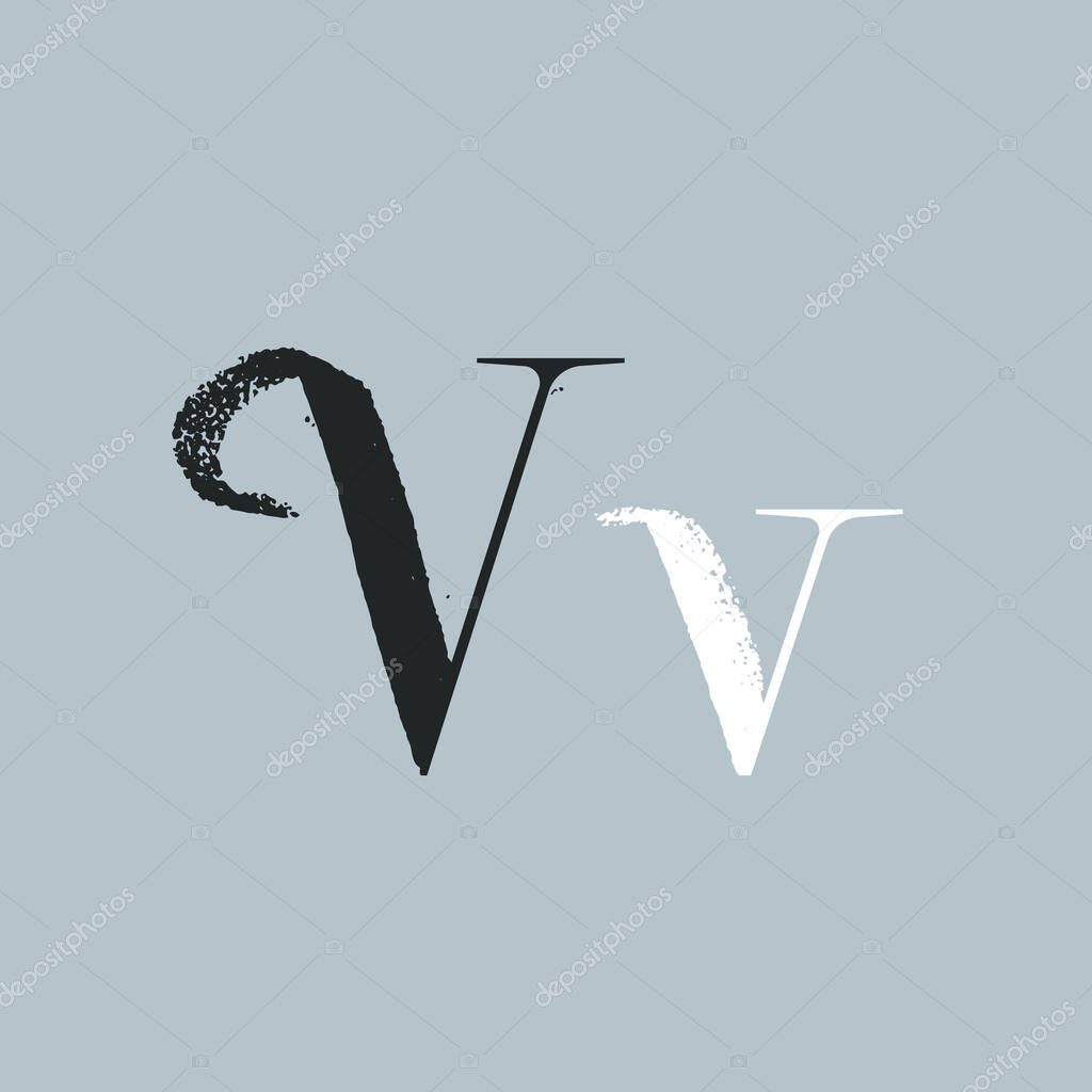 Letter V with dry brush stroke and serif. Vintage font with rough edges decoration elements. Perfect to use in any fashion labels, glamour posters, luxury identity, etc.