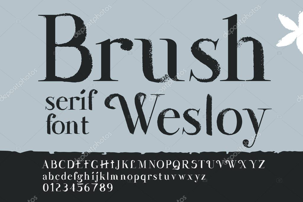 Alphabet with dry brush stroke and serif. Vintage font with rough edges decoration elements. Perfect to use in any fashion labels, glamour posters, luxury identity, etc.
