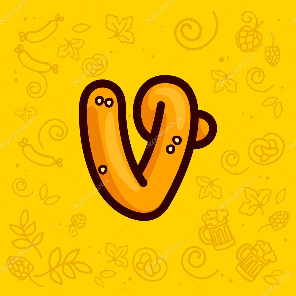 Letter V logo made of pretzel. Hand-drawn with Oktoberfest pattern on background. Perfect to use in any German restaurant advertising, party posters, appetizer identity, etc.