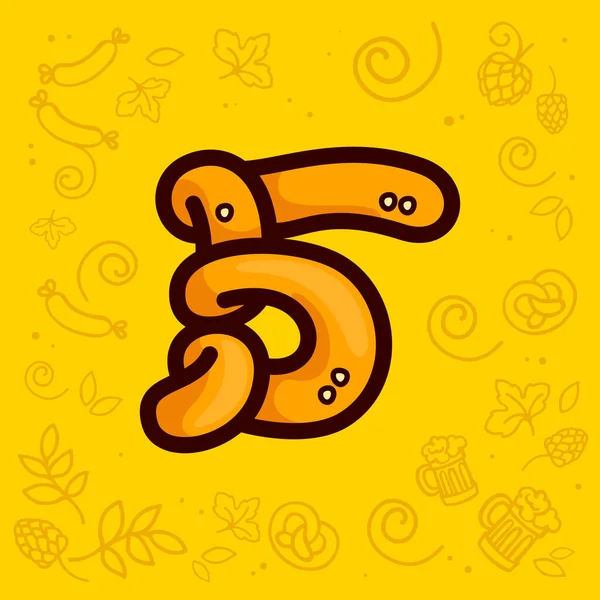 Logotipo Número Cinco Feito Pretzel Desenhado Mão Com Padrão Oktoberfest — Vetor de Stock