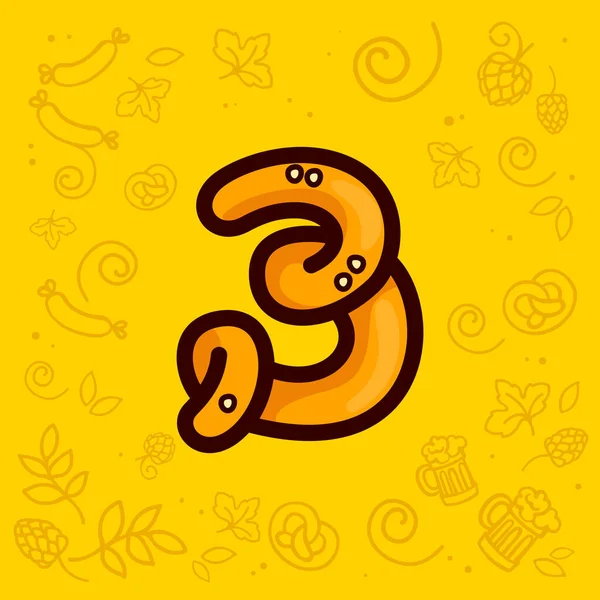 Nummer Drie Logo Gemaakt Van Pretzel Handgetekend Met Oktoberfest Patroon — Stockvector