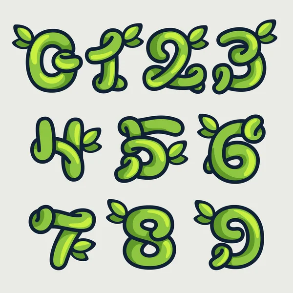 太字のツイスト環境に優しい番号を設定し マーカーで手描き 緑のベクトルフォントは あなたの植物学のロゴ ゼロ廃棄物のインフォグラフィック または自然のスタイルポスターに最適です — ストックベクタ