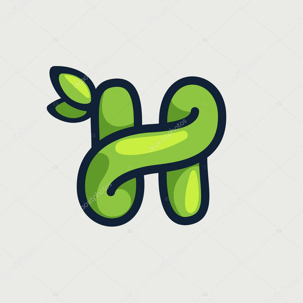 Bold twisted eco-friendly letter H logo, hand-drawn by a marker. Green vector font is perfect for your Botanics project, zero waste infographic, or nature's style poster.