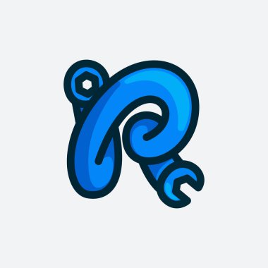 İngiliz anahtarından yapılmış R harfi logosu. Tamir hizmetleri için vektör yazı tipi, araç gereç mağaza kimliği, el sanatları posterleri, vs..