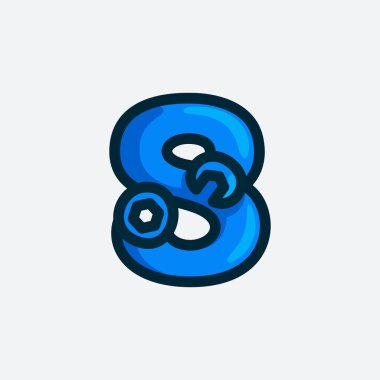 İngiliz anahtarından yapılmış sekiz numaralı logo. Tamir hizmetleri için vektör yazı tipi, araç gereç mağaza kimliği, el sanatları posterleri, vs..