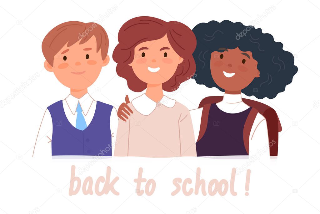 Group portrait of smiling school mates boy and girls embracing together. Happy students with Back to school lettering. Flat cartoon vector illustration.