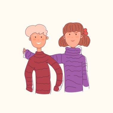 Gülümseyen erkek ve kız kardeşlerin bir araya gelişinin toplu portresi. Mutlu çocukların ebeveyn kazağı giydiği düz çizgi film çizimi..