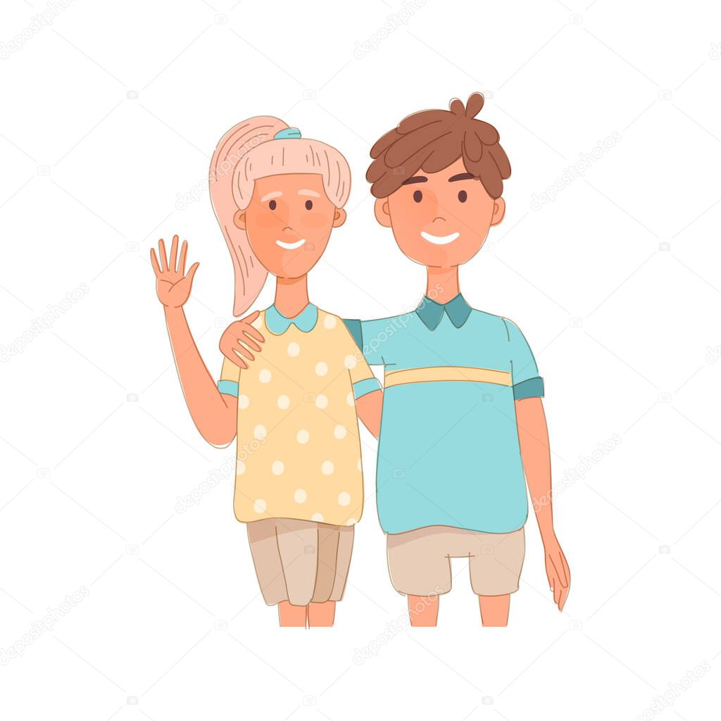 Group portrait of smiling school mates boy and girl embracing together. Flat cartoon vector illustration of happy students on a sports lesson.