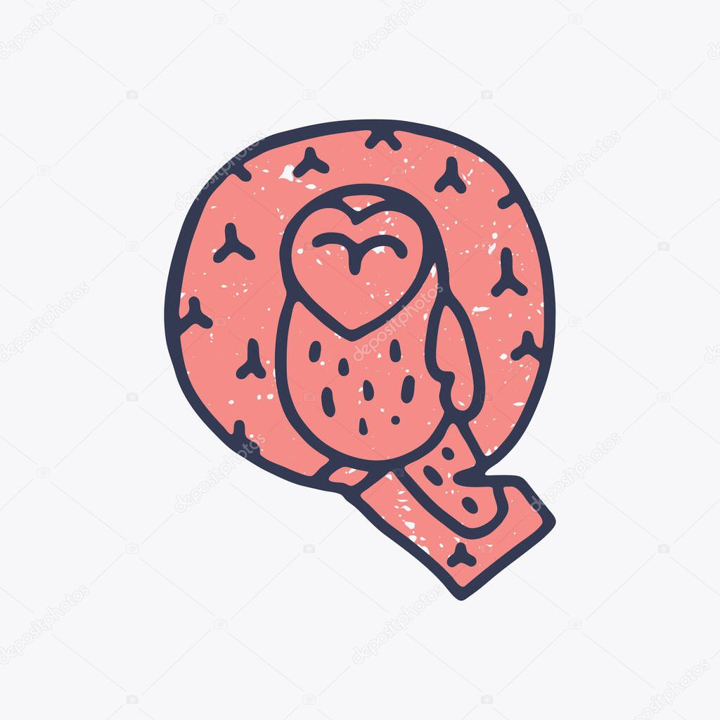 Q letter logo with a owl in the Nordic folk art style in the background. Scandinavian font for Christmas cards, retro posters, historical banners, cute decorative prints on T-shirts.