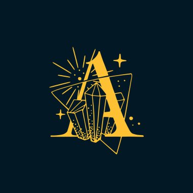 Astrolojik tarzda A harfi logosu. Sihirli kartpostallar, ortaçağ tarzı posterler, ezoterik reklamlar, lüks süslemeli tişörtler için el yazısı..