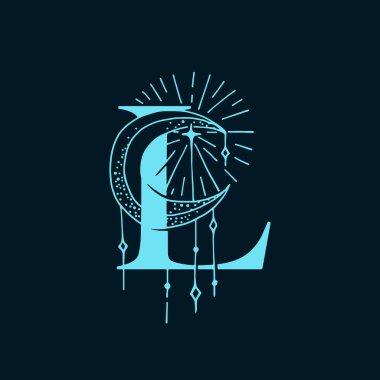 Astrolojik tarzda L harfi logosu. Sihirli kartpostallar, ortaçağ tarzı posterler, ezoterik reklamlar, lüks süslemeli tişörtler için el yazısı..