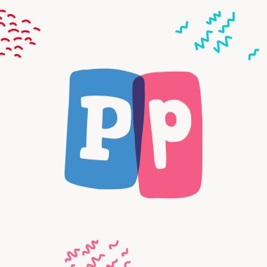 P harfi daktilo esinlenilmiş logo renkli çerçeveli kalın tırtıklı harfler. Çoklu efektli, satış etiketli veya blog başlıklı havalı harfler için el yazması yazı tipi.