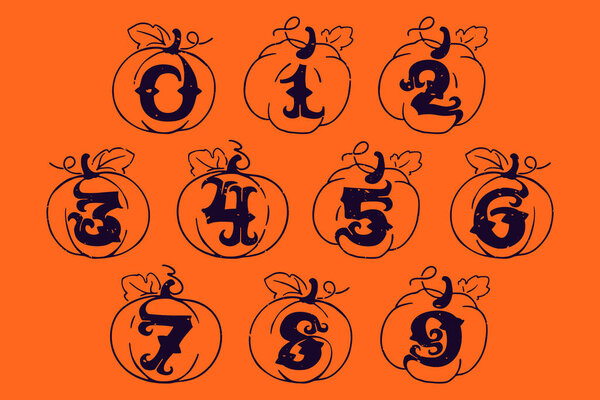 Числа, установленные в тыквах с гранжевой текстурой. Шрифт в готическом стиле с изогнутыми засечками. Перфект для оформления Хэллоуина.