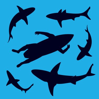 sharks and surfer silhouettes in water