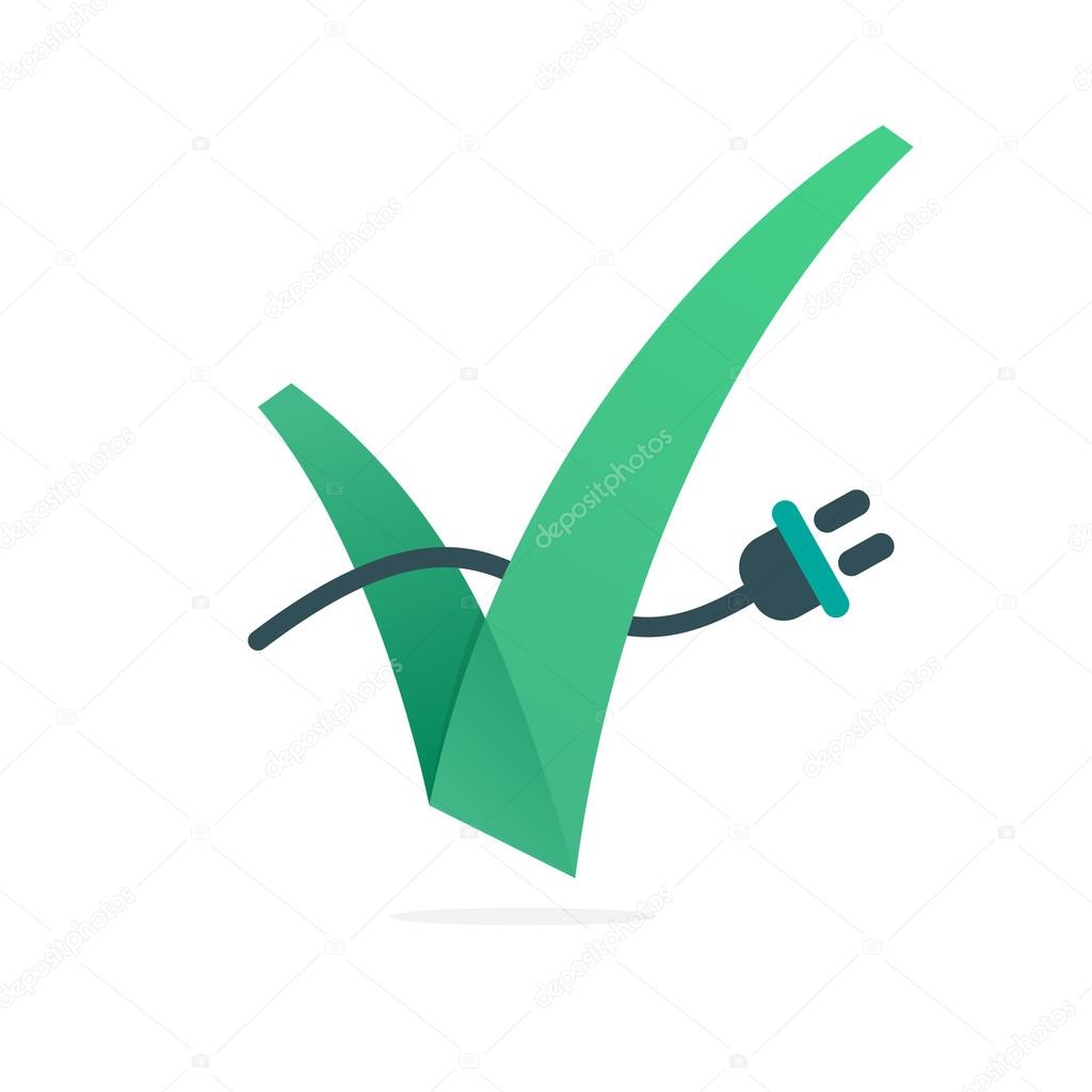 V letter or check mark, charging cable icon, design template elements
