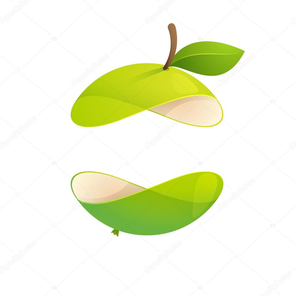 Green apple fruit sphere with green leaf logo, volume icon design template element
