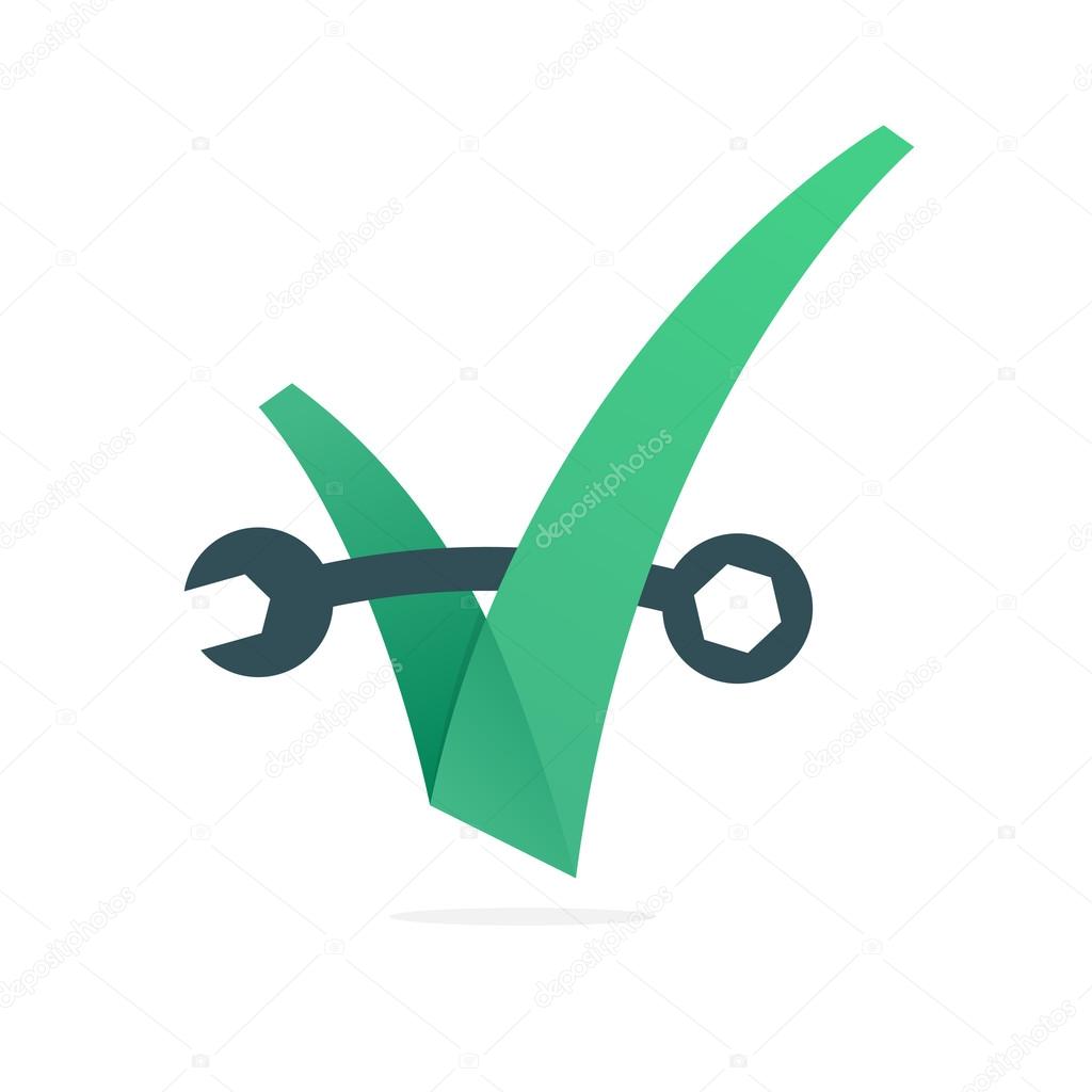 V letter or check mark, repair wrench, design template elements