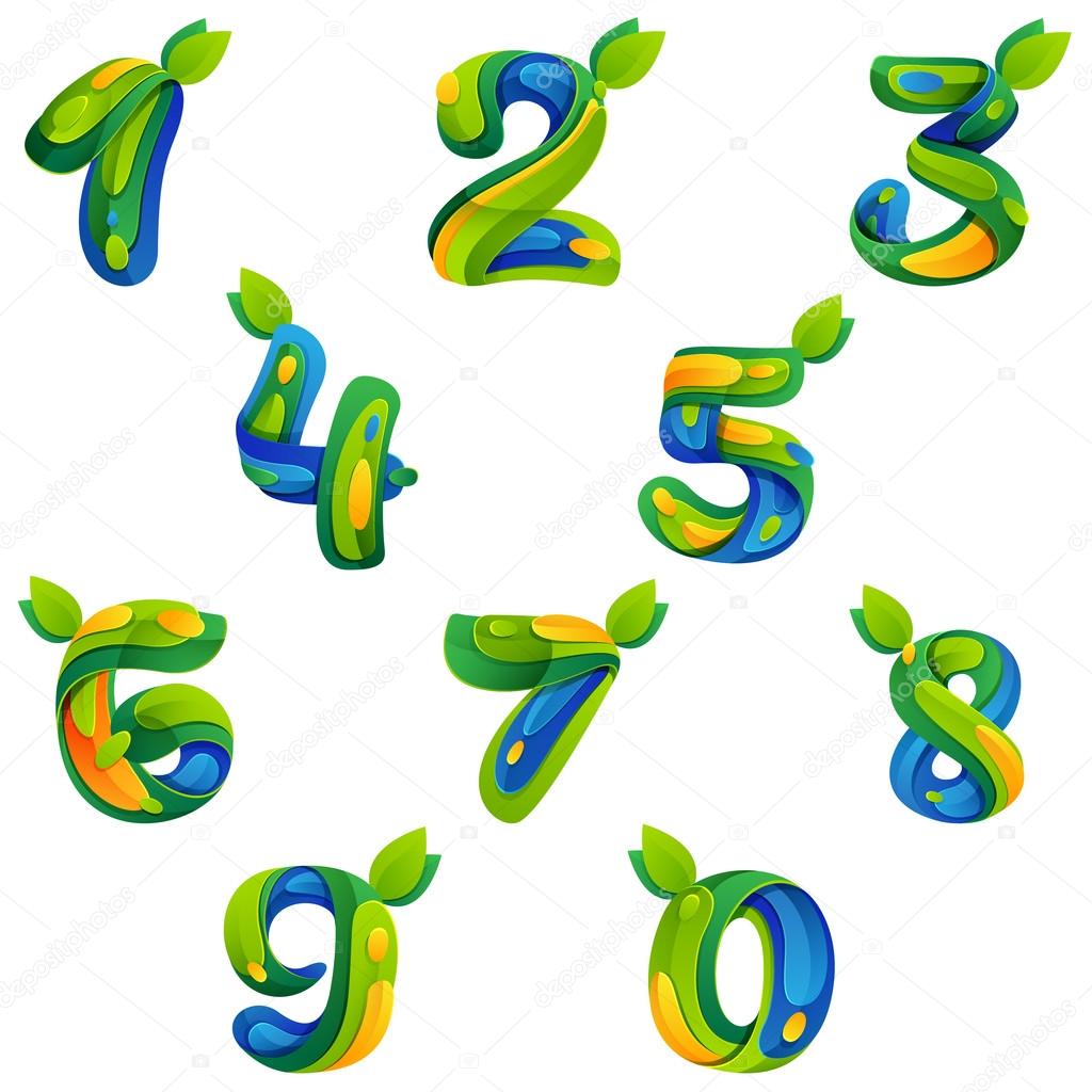 Numbers nature set with volume splash, leaves and water drops, vector design template elements