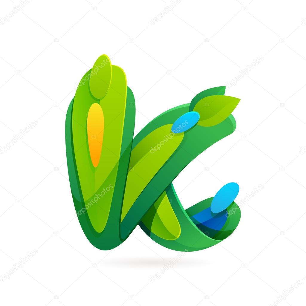 K letter volume ecology logo, leaves and water drops vector design template elements