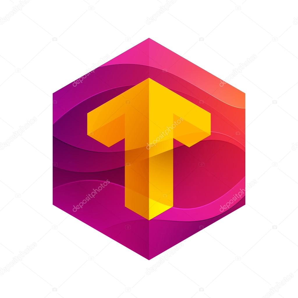 T  letter mist or waves hexagon volume logo, vector design template elements