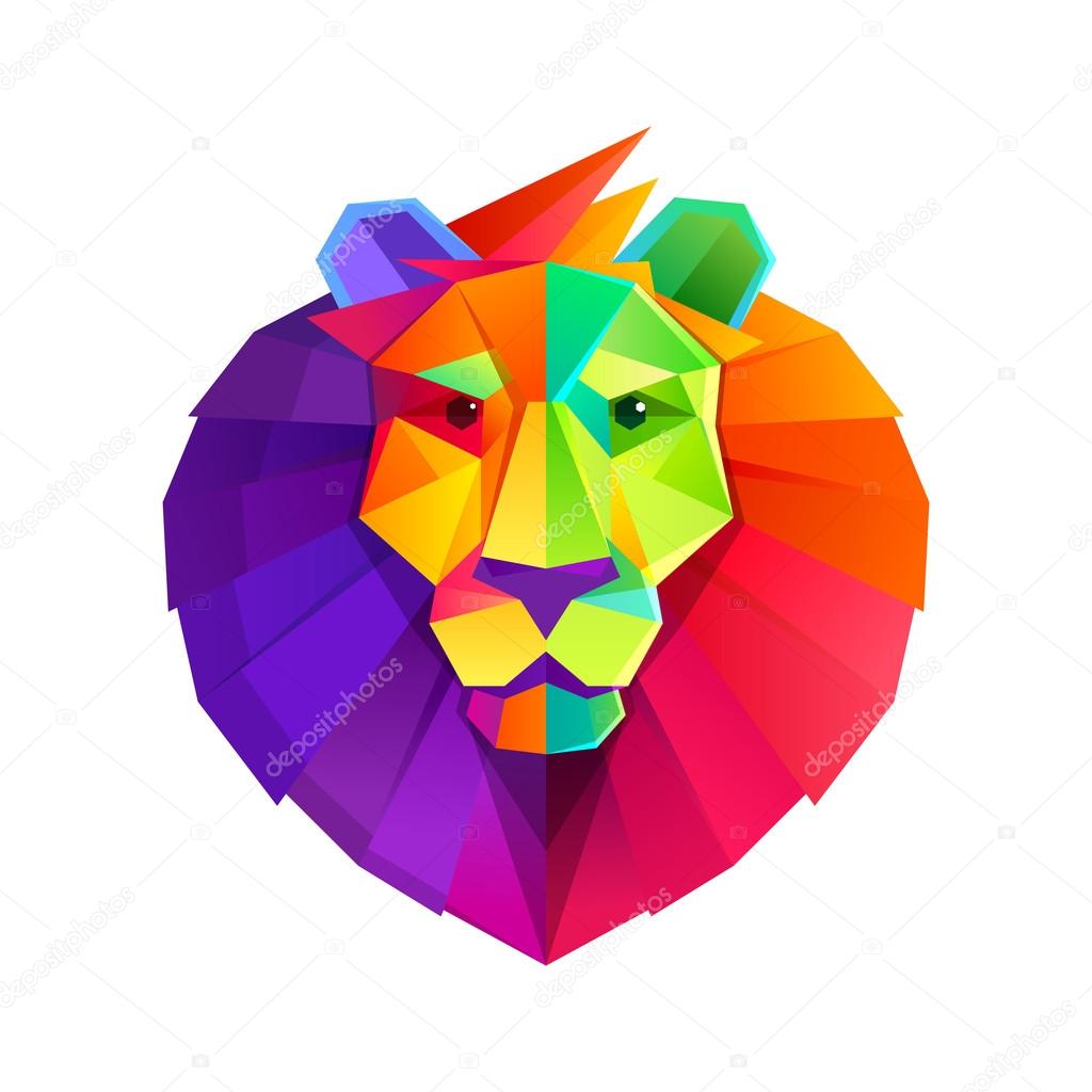Rainbow lion head vector low poly character.