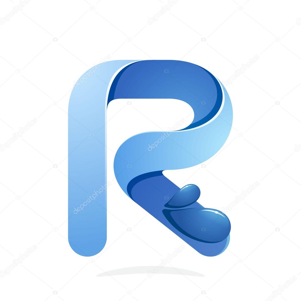 R letter with water waves and blue drops. Eco logo. Vector design template elements for your ecology application or company branding