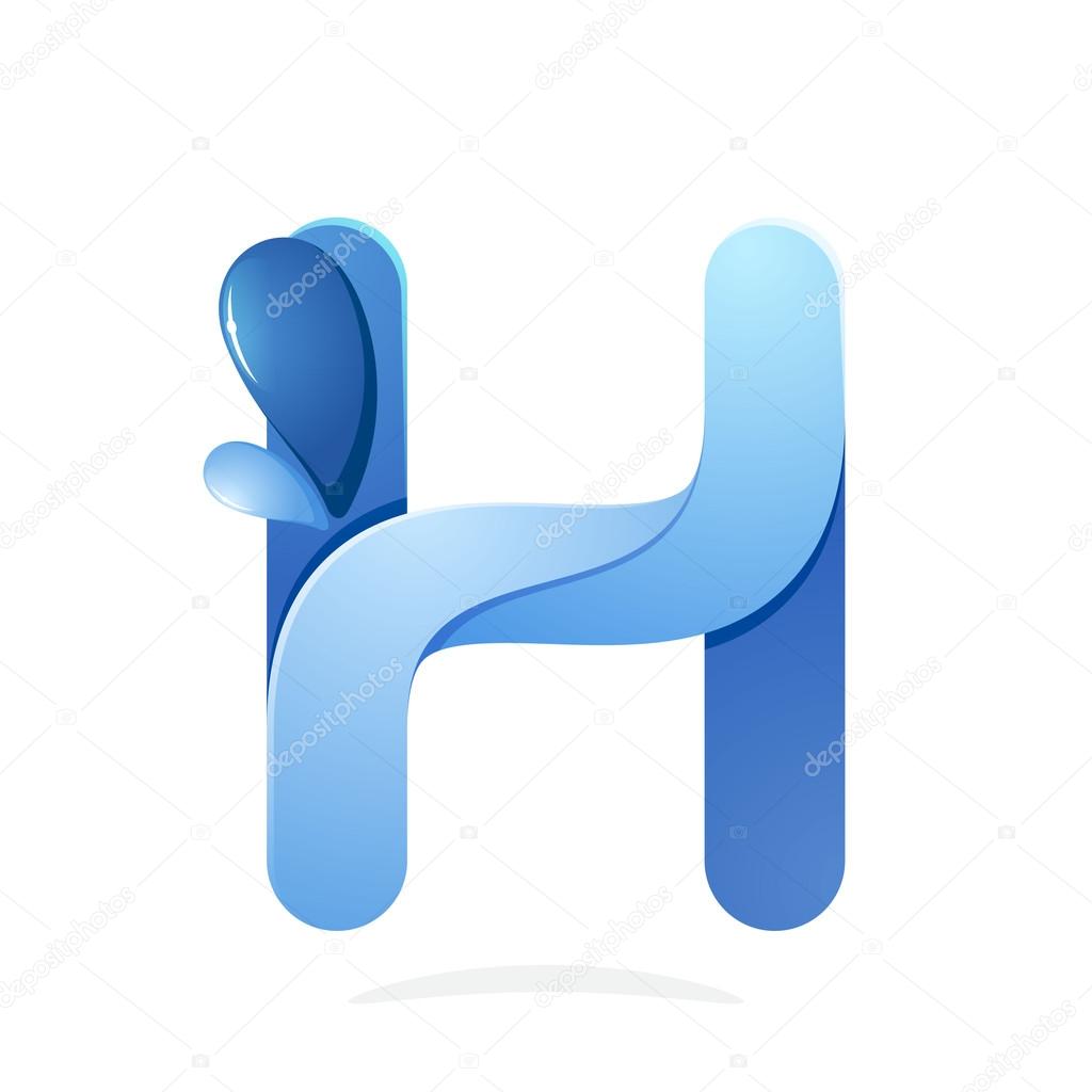 H letter with water waves and blue drops. Eco logo. Vector design template elements for your ecology application or company branding