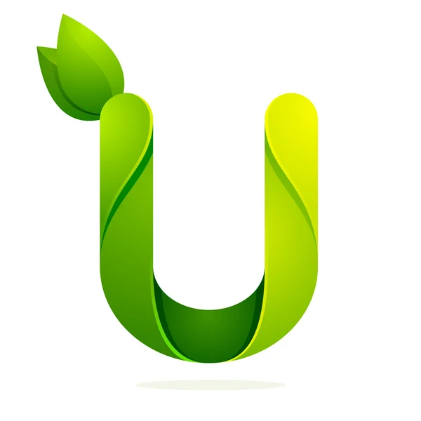 U letter with green leaves — Stock Vector