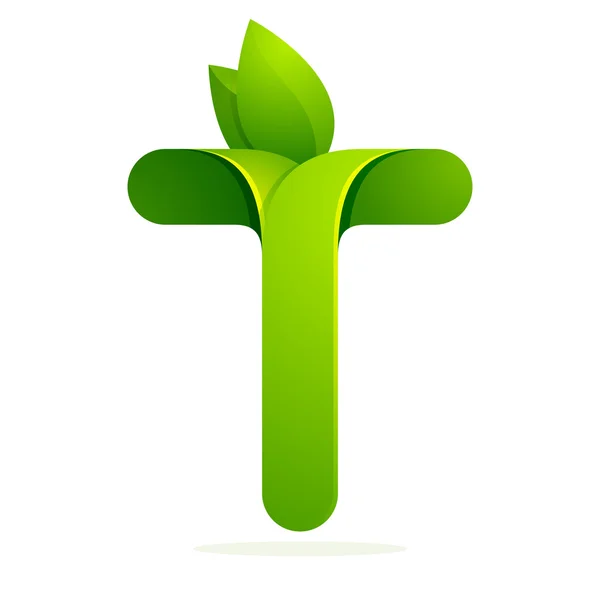 T letra con hojas verdes — Vector de stock
