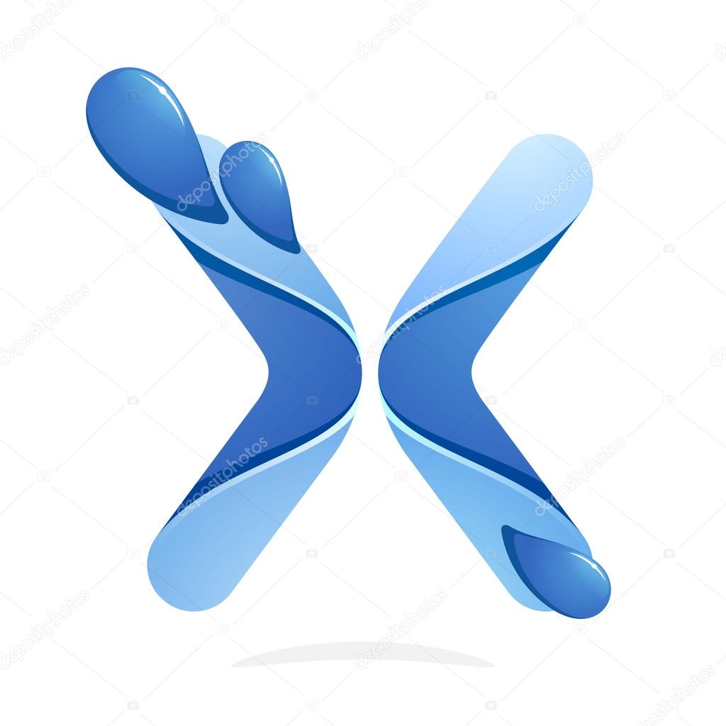 X letter with water waves and blue drops. Eco logo. Vector design template elements for your ecology application or company branding