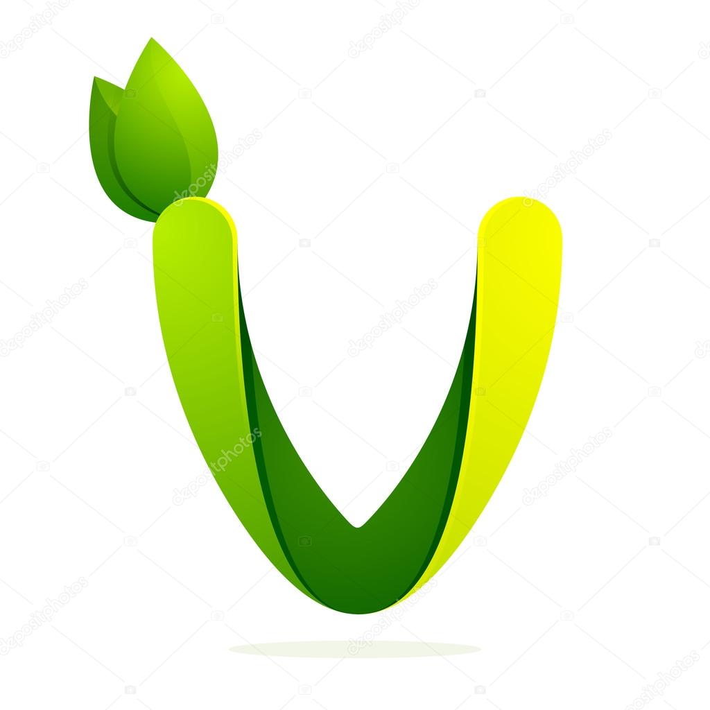 V letter with green leaves eco logo, volume icon. Vector design template elements an icon for your ecology application or company