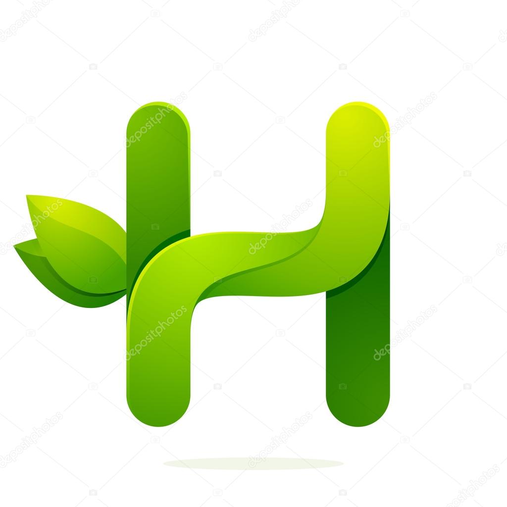 H letter with green leaves eco logo, volume icon. Vector design template elements an icon for your ecology application or company