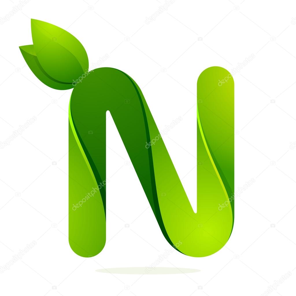 N letter with green leaves eco logo, volume icon. Vector design template elements an icon for your ecology application or company